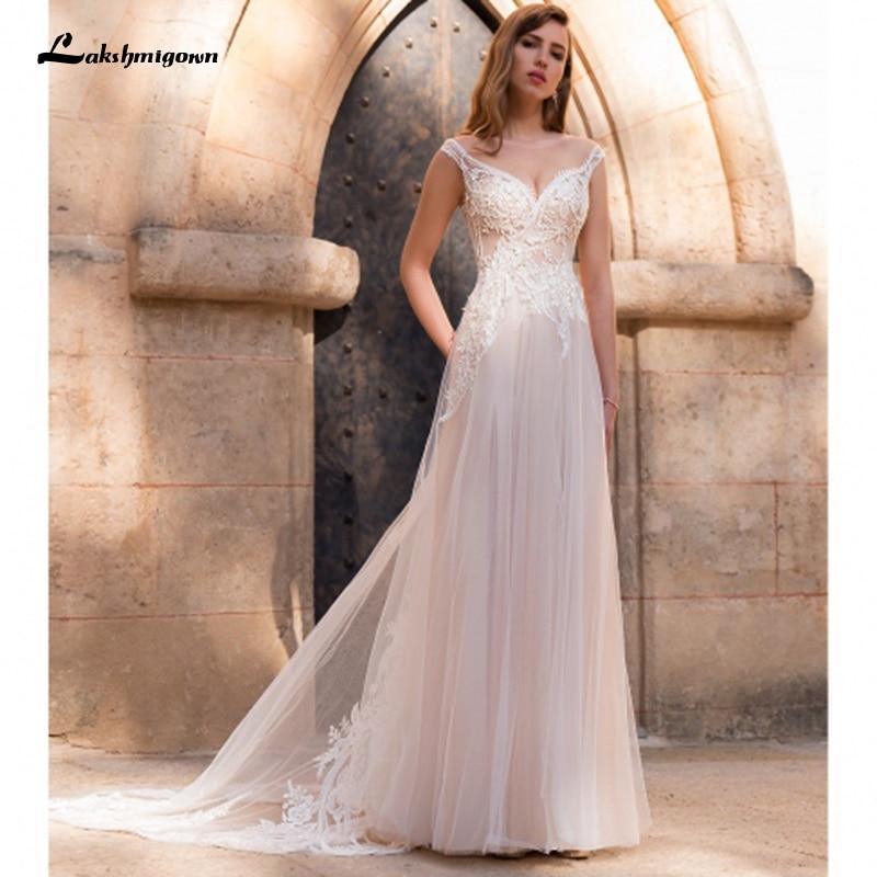 NumberSea Blush Pink Wedding Dress Beach Floor Length lace appliques