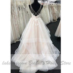 NumberSea Blush Pink Wedding Dress V Neck Luxury Beading Lace Bridal