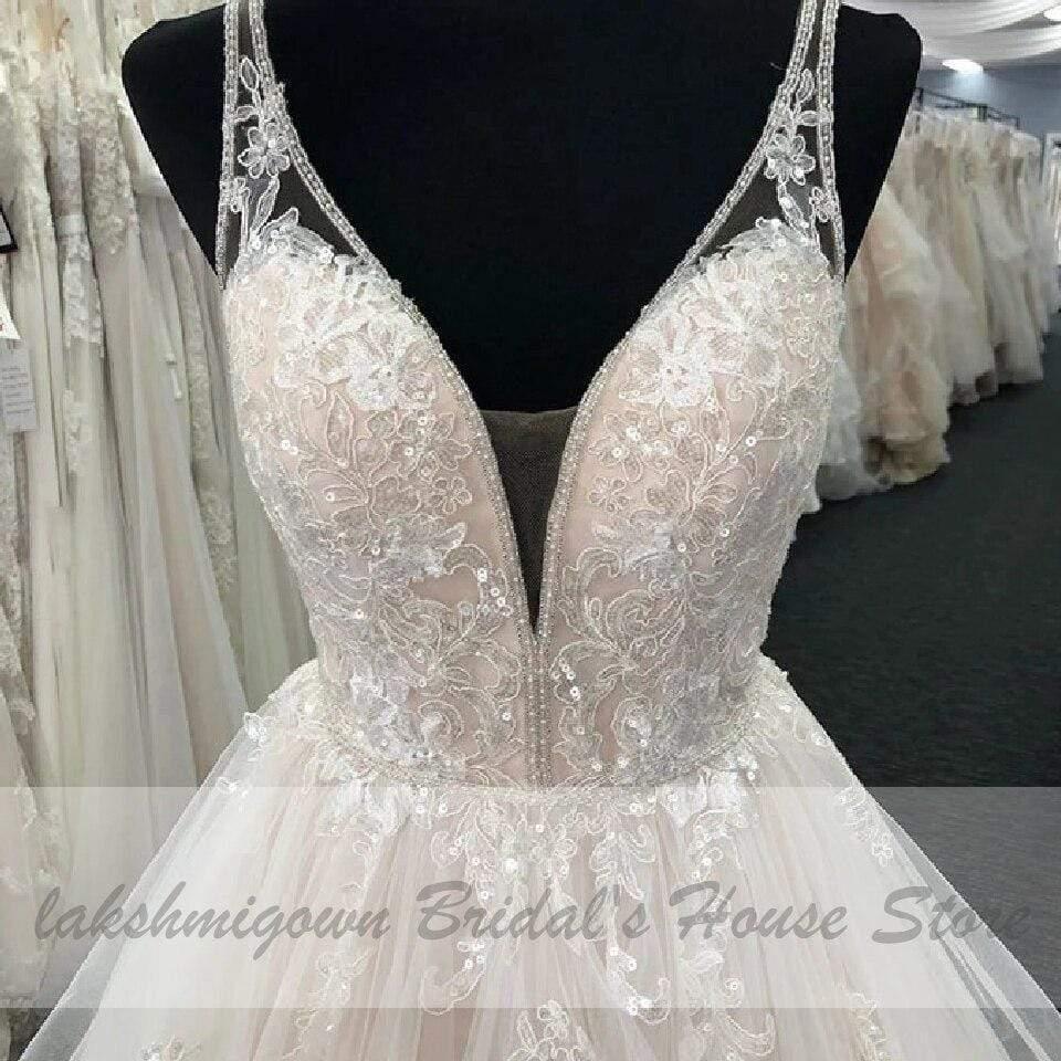 NumberSea Blush Pink Wedding Dress V Neck Luxury Beading Lace Bridal