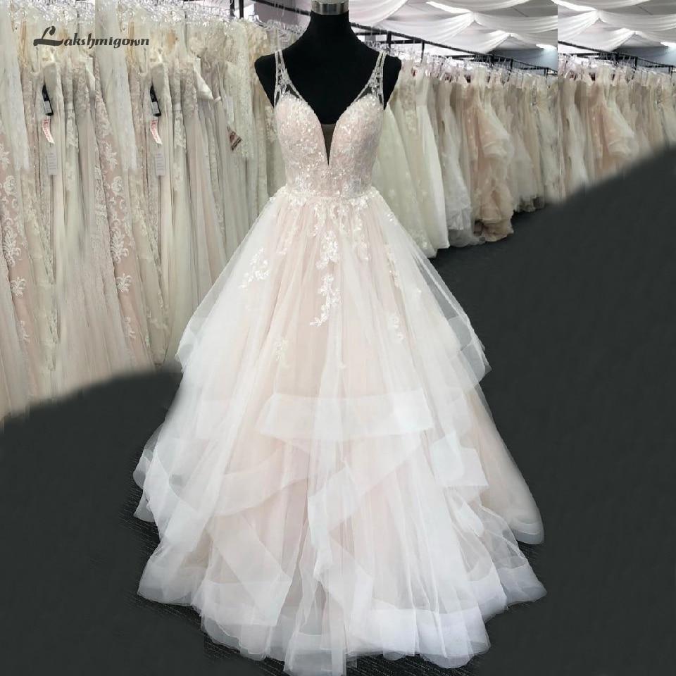 NumberSea Blush Pink Wedding Dress V Neck Luxury Beading Lace Bridal