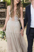 NumberSea Bohemain Tulle Wedding Dress, A-line V-neck Appliqued Bridal Gown, MW635
