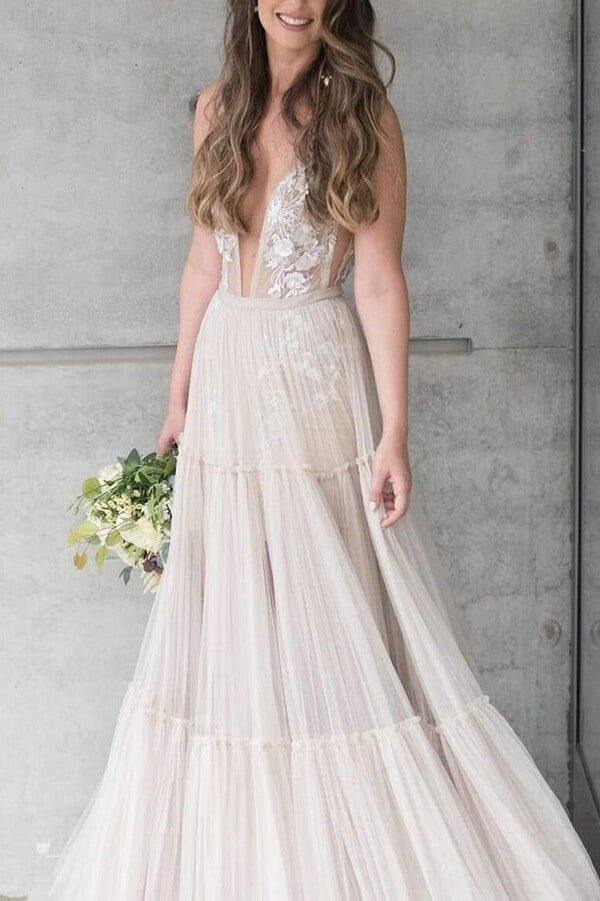 NumberSea Bohemain Tulle Wedding Dress, A-line V-neck Appliqued Bridal Gown, MW635