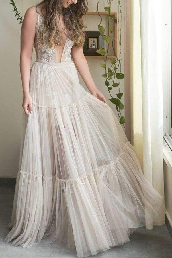 NumberSea Bohemain Tulle Wedding Dress, A-line V-neck Appliqued Bridal Gown, MW635