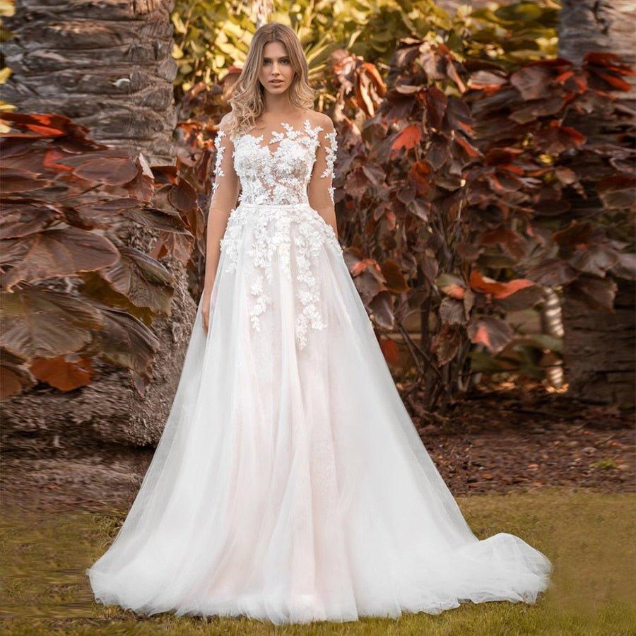 NumberSea Bohemian Boho Sleeves Wedding Dress Ivory Blush Light 3d Lace Flower Tulle Skirt Half Sleeve Embroidered Illusion Bridal gowns