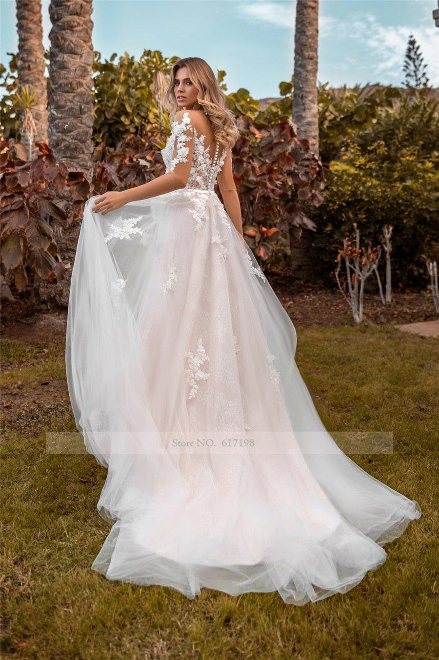 NumberSea Bohemian Boho Sleeves Wedding Dress Ivory Blush Light 3d Lace Flower Tulle Skirt Half Sleeve Embroidered Illusion Bridal gowns