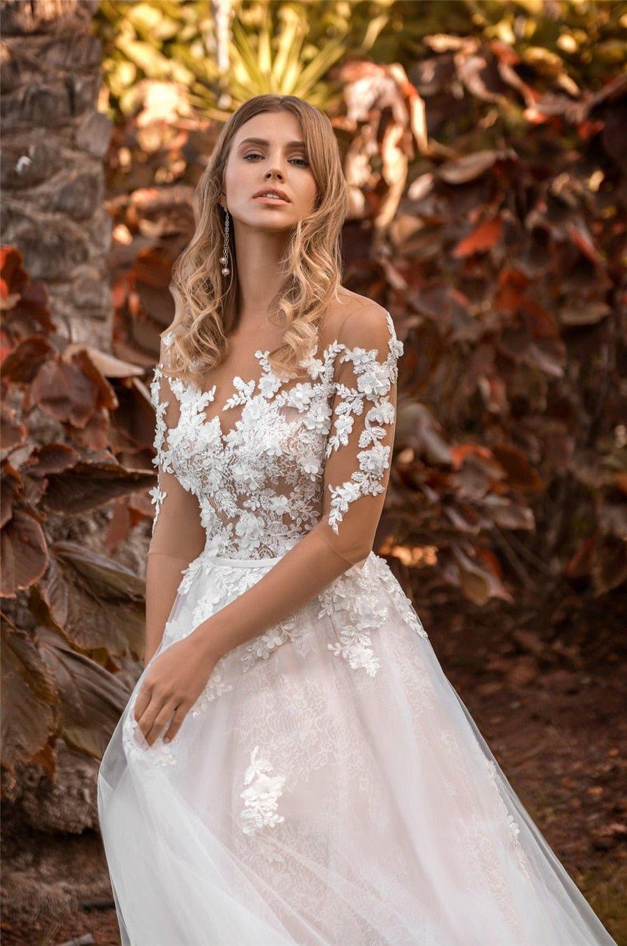 NumberSea Bohemian Boho Sleeves Wedding Dress Ivory Blush Light 3d Lace Flower Tulle Skirt Half Sleeve Embroidered Illusion Bridal gowns