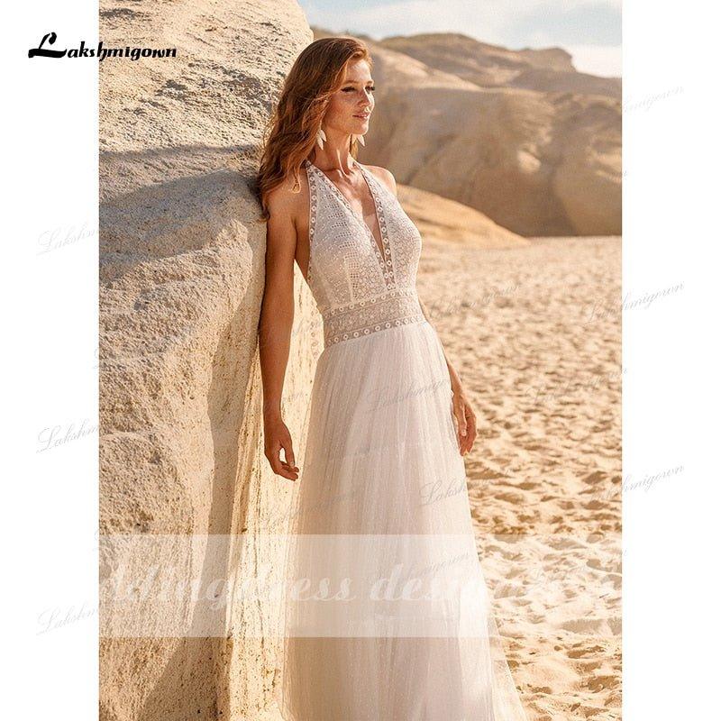 NumberSea Bohemian Boho Wedding Dresses 2021 Halter Backless Vestido Novia Lace Beach Bridal Dress Simple Wedding Gown robe de mariee