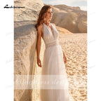 NumberSea Bohemian Boho Wedding Dresses 2021 Halter Backless Vestido Novia Lace Beach Bridal Dress Simple Wedding Gown robe de mariee