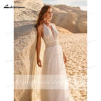 NumberSea Bohemian Boho Wedding Dresses 2021 Halter Backless Vestido Novia Lace Beach Bridal Dress Simple Wedding Gown robe de mariee