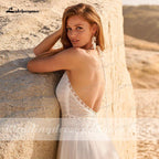 NumberSea Bohemian Boho Wedding Dresses 2021 Halter Backless Vestido Novia Lace Beach Bridal Dress Simple Wedding Gown robe de mariee