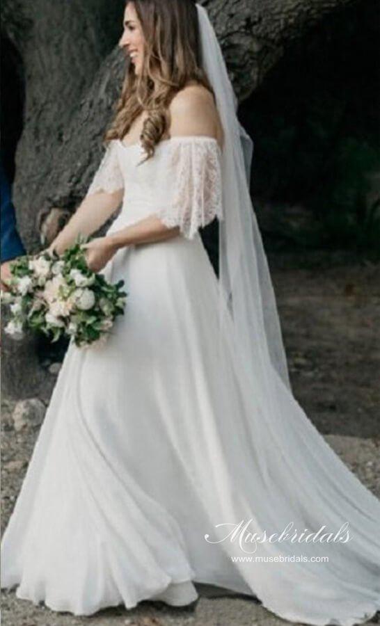 NumberSea Bohemian Chiffon Lace Off-the-Shoulder A-line Beach Wedding Dresses, MW647