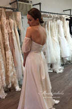 NumberSea Bohemian Chiffon Lace Off-the-Shoulder A-line Beach Wedding Dresses, MW647