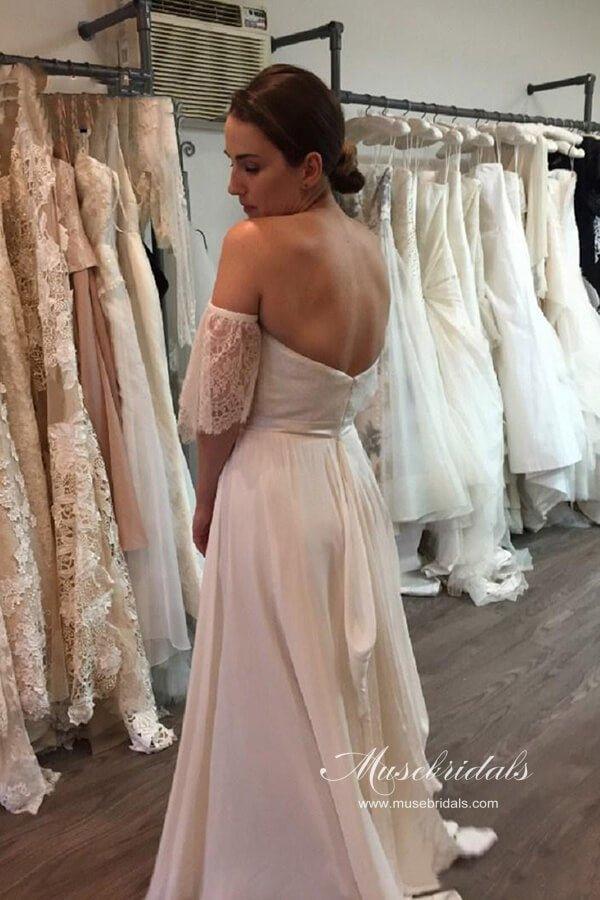 NumberSea Bohemian Chiffon Lace Off-the-Shoulder A-line Beach Wedding Dresses, MW647