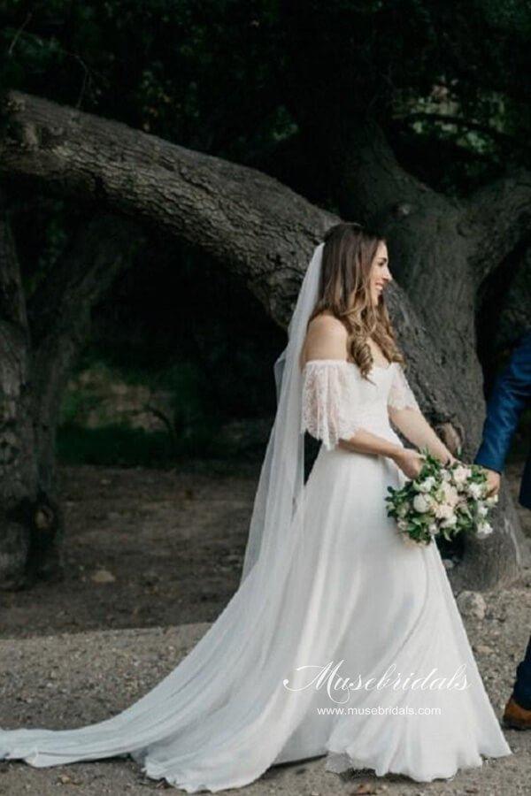 NumberSea Bohemian Chiffon Lace Off-the-Shoulder A-line Beach Wedding Dresses, MW647