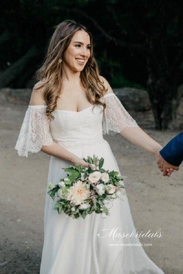 NumberSea Bohemian Chiffon Lace Off-the-Shoulder A-line Beach Wedding Dresses, MW647