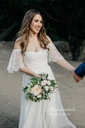 NumberSea Bohemian Chiffon Lace Off-the-Shoulder A-line Beach Wedding Dresses, MW647
