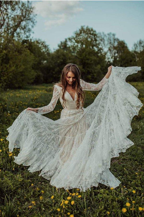 NumberSea Bohemian Lace A-line V-neck Long Sleeves Wedding Dresses, Bridal Dress, MW608