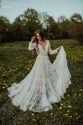 NumberSea Bohemian Lace A-line V-neck Long Sleeves Wedding Dresses, Bridal Dress, MW608