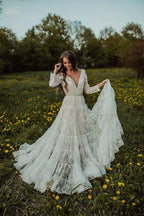NumberSea Bohemian Lace A-line V-neck Long Sleeves Wedding Dresses, Bridal Dress, MW608