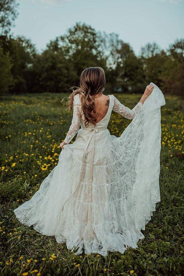 NumberSea Bohemian Lace A-line V-neck Long Sleeves Wedding Dresses, Bridal Dress, MW608