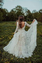 NumberSea Bohemian Lace A-line V-neck Long Sleeves Wedding Dresses, Bridal Dress, MW608