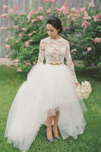 NumberSea Bohemian Lace Top Two Pieces Long Sleeves High Low Wedding Dresses, MW571