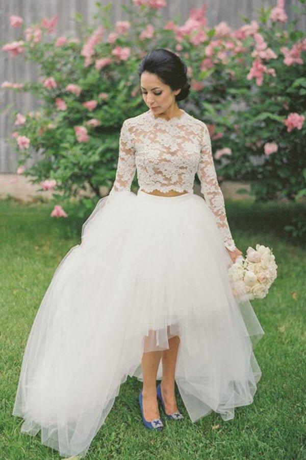 NumberSea Bohemian Lace Top Two Pieces Long Sleeves High Low Wedding Dresses, MW571