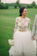 NumberSea Bohemian Lace Top Two Pieces Long Sleeves High Low Wedding Dresses, MW571