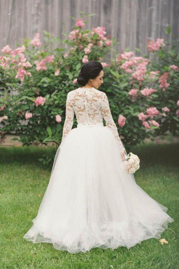 NumberSea Bohemian Lace Top Two Pieces Long Sleeves High Low Wedding Dresses, MW571
