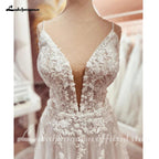 NumberSea Bohemian Lace Wedding Dresses V-Neck Appliques Spaghetti Strap A-Line Beach Bridal Dress Plus Size Wedding Gowns