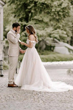 NumberSea Bohemian Tulle Lace A-line Off-the-Shoulder Beach Wedding Dresses, MW561
