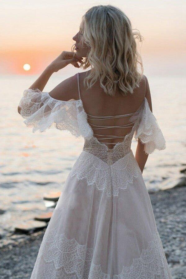 NumberSea Bohemian Tulle Lace Off-the-Shoulder Beach Wedding Dresses, Bridal Gown, MW687