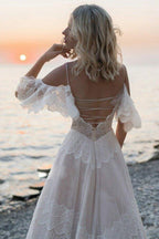 NumberSea Bohemian Tulle Lace Off-the-Shoulder Beach Wedding Dresses, Bridal Gown, MW687