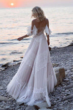 NumberSea Bohemian Tulle Lace Off-the-Shoulder Beach Wedding Dresses, Bridal Gown, MW687