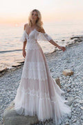 NumberSea Bohemian Tulle Lace Off-the-Shoulder Beach Wedding Dresses, Bridal Gown, MW687