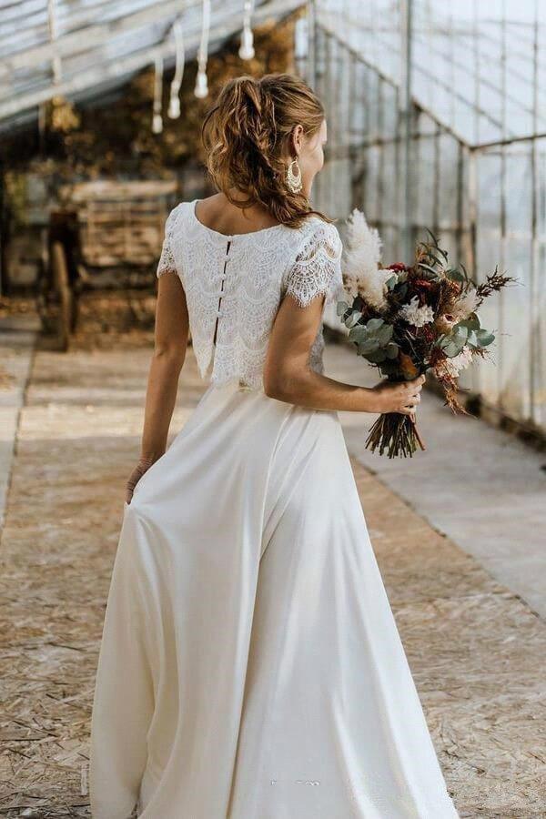 NumberSea Bohemian Two Pieces Wedding Dresses 2021 Lace Top Short Sleeve Bridal Gown Jewel Neck Beach Wedding Gown Vestidos De Novia
