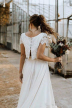 NumberSea Bohemian Two Pieces Wedding Dresses 2021 Lace Top Short Sleeve Bridal Gown Jewel Neck Beach Wedding Gown Vestidos De Novia