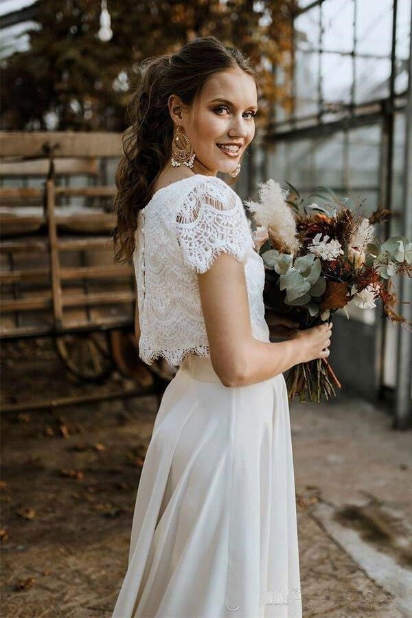 NumberSea Bohemian Two Pieces Wedding Dresses 2021 Lace Top Short Sleeve Bridal Gown Jewel Neck Beach Wedding Gown Vestidos De Novia