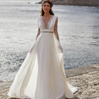 NumberSea Bohemian Wedding Dress 2021 Long Sleeve V-Neck Floor Length Chiffon A-Line lace Back Bridal Gowns  With Belt Charming For Women