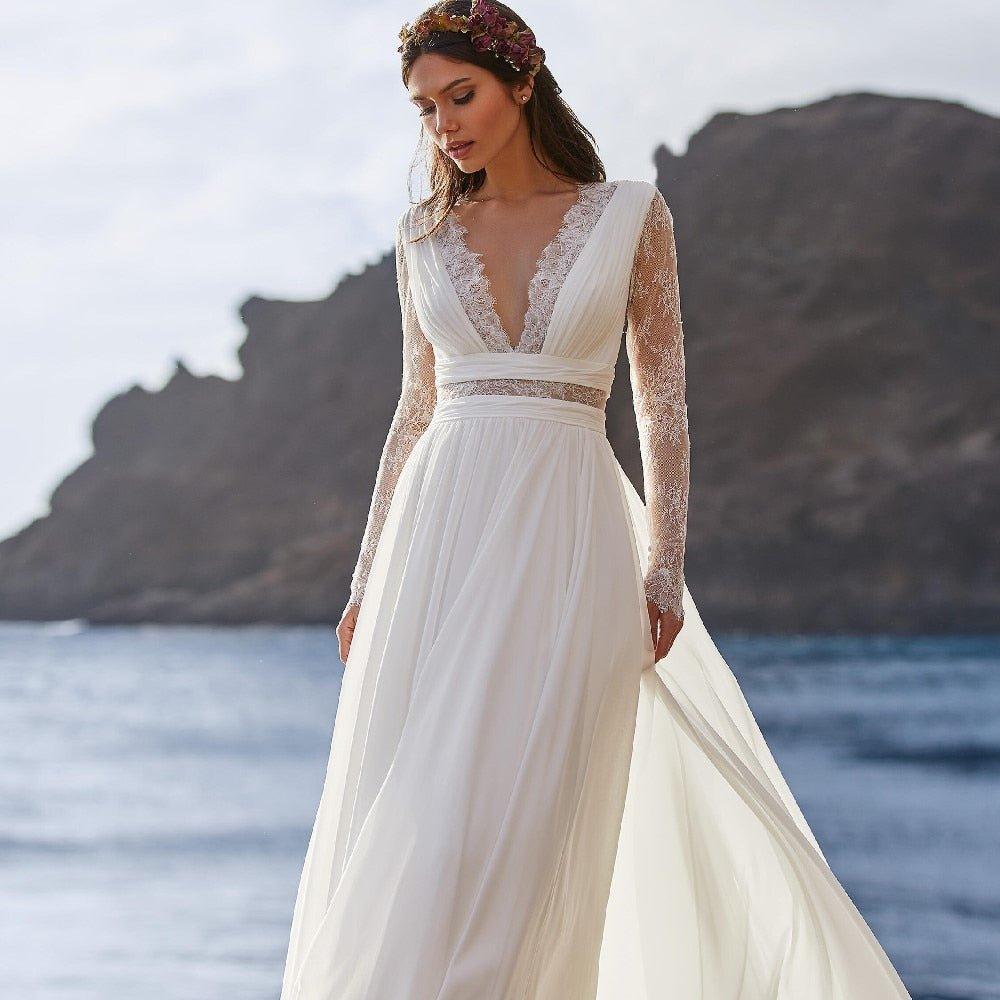 NumberSea Bohemian Wedding Dress 2021 Long Sleeve V-Neck Floor Length Chiffon A-Line lace Back Bridal Gowns  With Belt Charming For Women