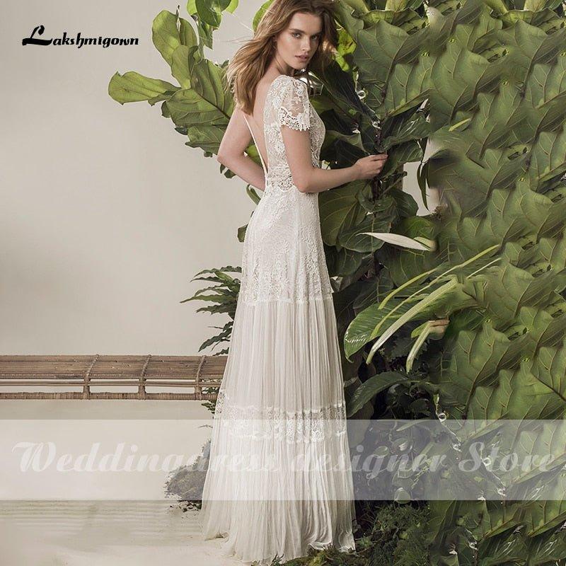 NumberSea Bohemian Wedding Dress 2021 Two Pieces 2 Shorts Sleeve Floor Length Beach Bridal Gown Simple Chiffon For Women High Quality