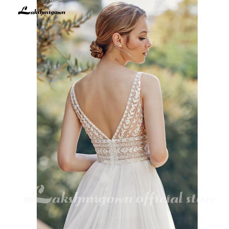 NumberSea Bohemian Wedding Dresses 2021 V Neck Sexy Sleeveless Lace Applique Backless A Line Wedding Gown Soft Tulle Bridal Dress