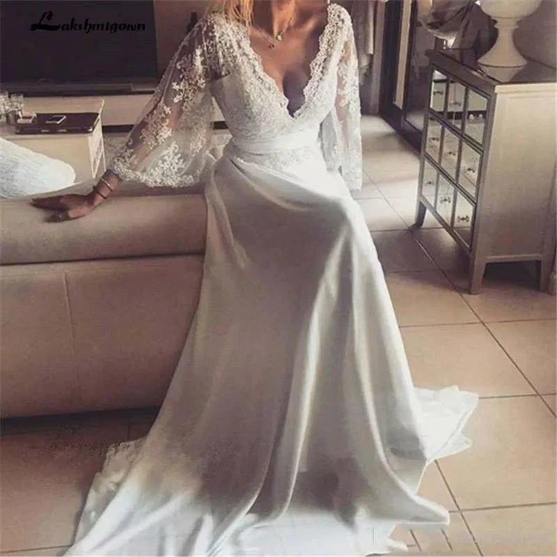NumberSea Bohemian Wedding Dresses Illusion Lace Bridal Gown Backless Long Sleeve Deep V Neck Boho Chiffon Plus Size Beach Bridal Dress