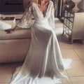 NumberSea Bohemian Wedding Dresses Illusion Lace Bridal Gown Backless Long Sleeve Deep V Neck Boho Chiffon Plus Size Beach Bridal Dress