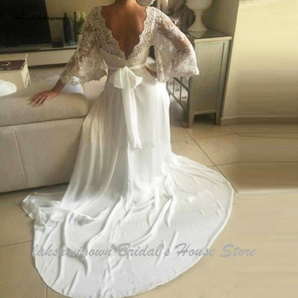 NumberSea Bohemian Wedding Dresses Illusion Lace Bridal Gown Backless Long Sleeve Deep V Neck Boho Chiffon Plus Size Beach Bridal Dress