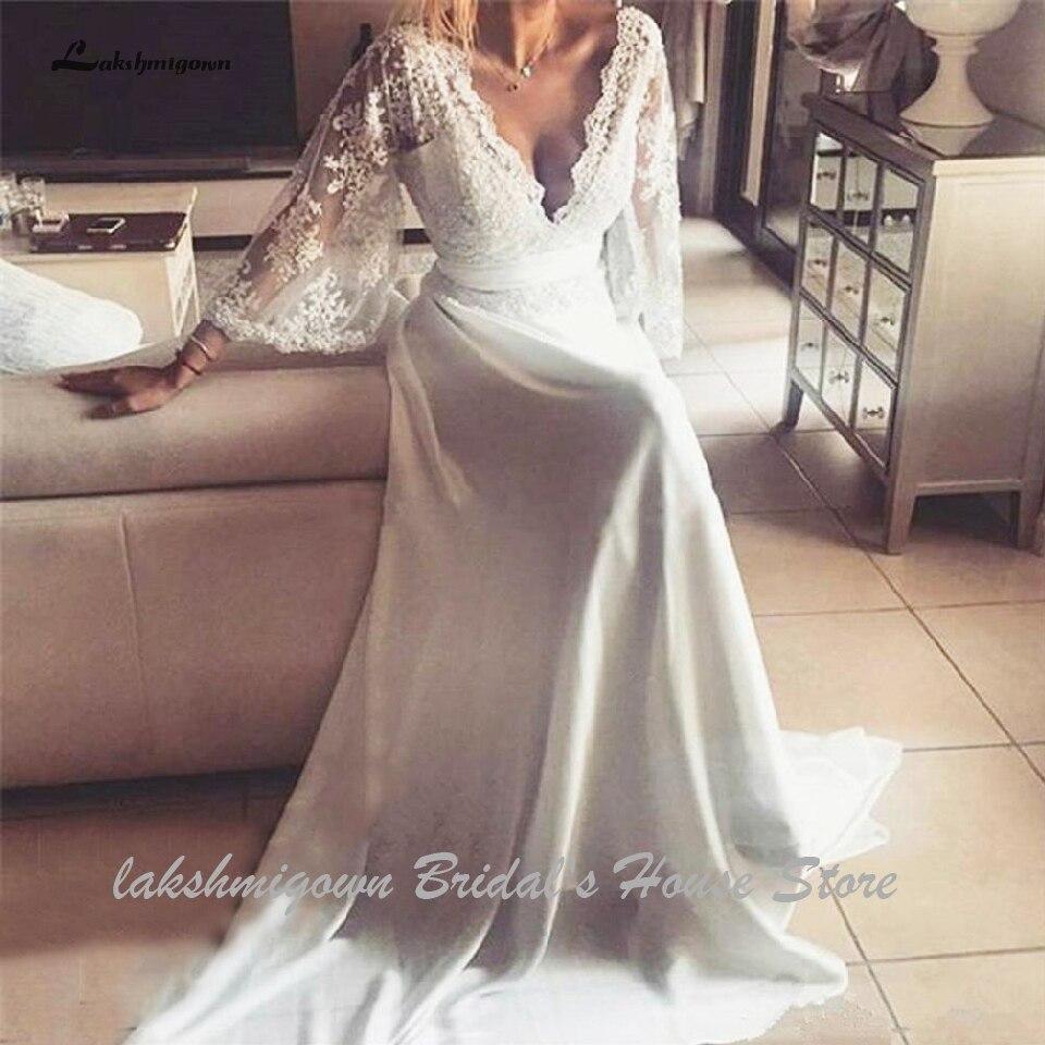 NumberSea Bohemian Wedding Dresses Illusion Lace Bridal Gown Backless Long Sleeve Deep V Neck Boho Chiffon Plus Size Beach Bridal Dress