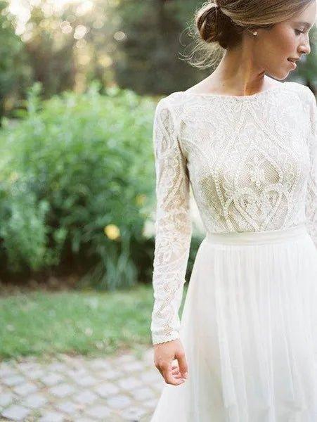 NumberSea Bohemian Wedding Dresses With Long Sleeves Bateau Lace Top Chiffon Boho Bridal Gown vestido de noiva robe de mariee