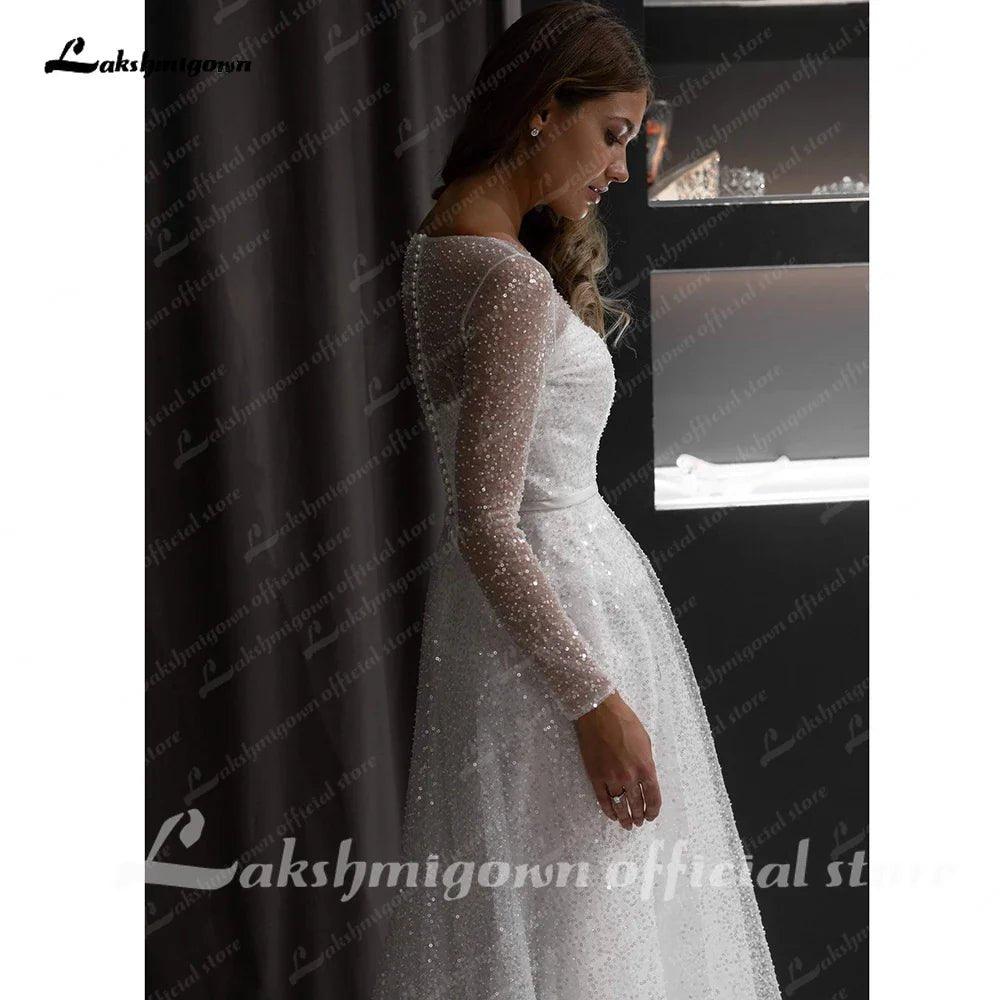 NumberSea Boho A-line Beach Wedding Dress See Through Sleeves Sweep Train Bridal Dress Custom Made Bridal Gowns