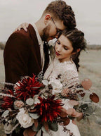 NumberSea Boho A-Line Round Neck Long Sleeves Backless Wedding Dress with Lace,MW431