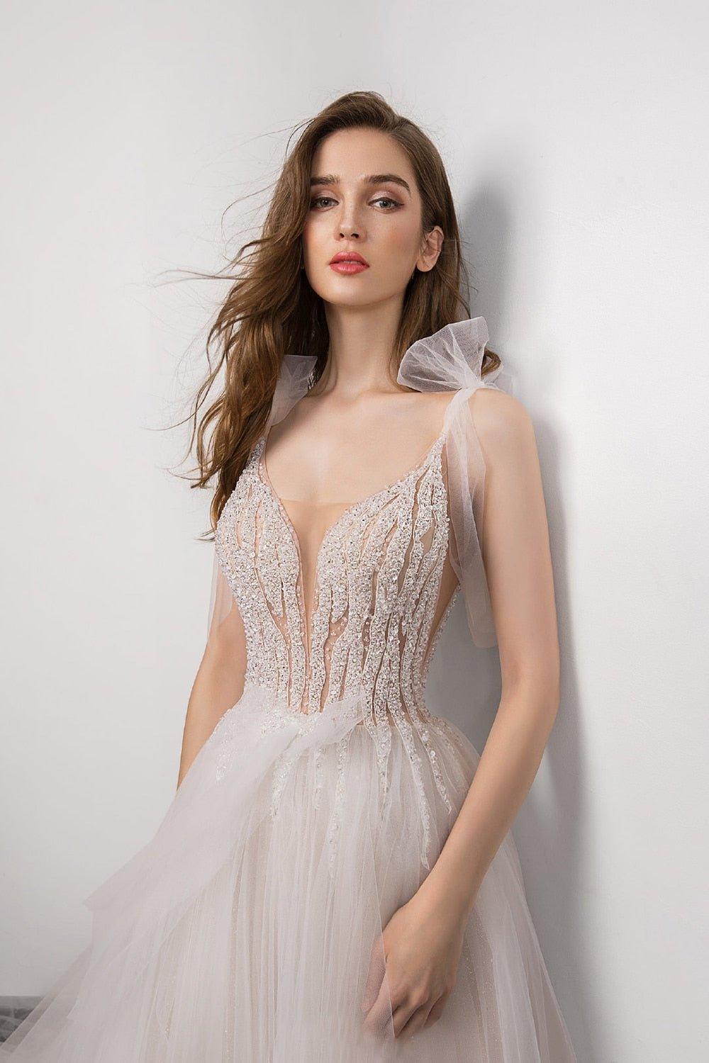 NumberSea boho Bridal Gown 2021 new Sexy V-neck backless Bride Wedding Dress Luxury Crystal and Pearls Vestido de novia Robe de mariee